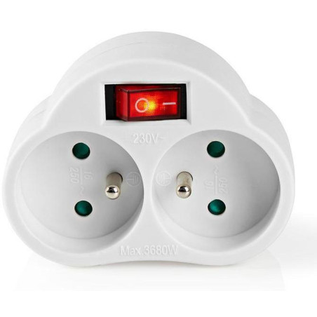 NEDIS síťový rozbočovač/ 2x zásuvka typu E (s kolíkem)/ 250 V AC 50/60 Hz/ 16 A/ 3500 W/ vypínač/ bílý