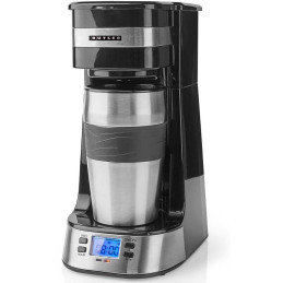 NEDIS Butler kávovar/ na jeden šálek/ dvoustěnný cestovní hrnek/ kapacita 0,4 l/ časovač/ LCD displej/ černý