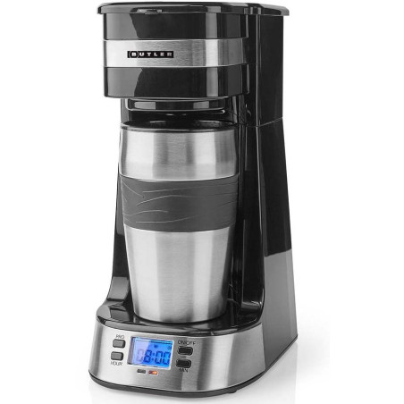 NEDIS Butler kávovar/ na jeden šálek/ dvoustěnný cestovní hrnek/ kapacita 0,4 l/ časovač/ LCD displej/ černý