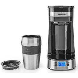 NEDIS Butler kávovar/ na jeden šálek/ dvoustěnný cestovní hrnek/ kapacita 0,4 l/ časovač/ LCD displej/ černý