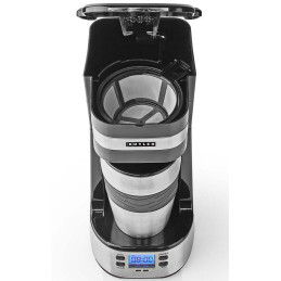 NEDIS Butler kávovar/ na jeden šálek/ dvoustěnný cestovní hrnek/ kapacita 0,4 l/ časovač/ LCD displej/ černý
