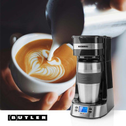 NEDIS Butler kávovar/ na jeden šálek/ dvoustěnný cestovní hrnek/ kapacita 0,4 l/ časovač/ LCD displej/ černý