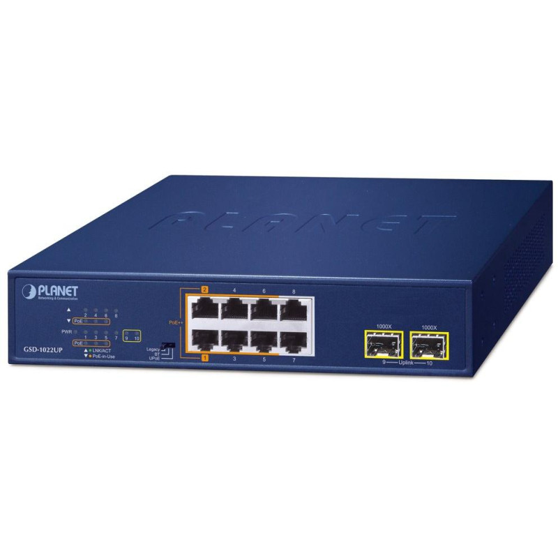 Planet PoE switch 8x1Gb + 2xSFP 1Gb, PoE 180W, 2x 802.3bt + 4x 802.3at