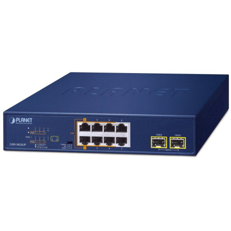 Planet PoE switch 8x1Gb + 2xSFP 1Gb, PoE 180W, 2x 802.3bt + 4x 802.3at