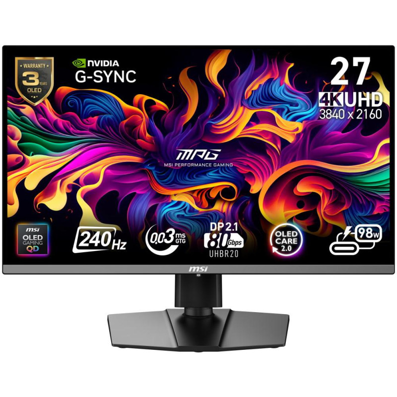 MSI Gaming MPG 272URX QD-OLED/ 26,5"/ 3840x2160/ OLED/ 0,03ms/ 240Hz/ 250cd/m2/ 1500000:1/ HDMI/ DP/ USB/ VESA/ černý