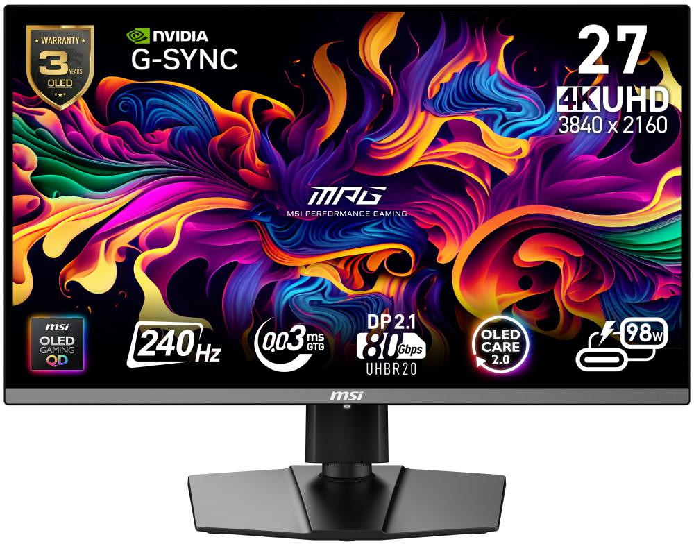 MSI Gaming MPG 272URX QD-OLED/ 26,5"/ 3840x2160/ OLED/ 0,03ms/ 240Hz/ 250cd/m2/ 1500000:1/ HDMI/ DP/ USB/ VESA/ čierny