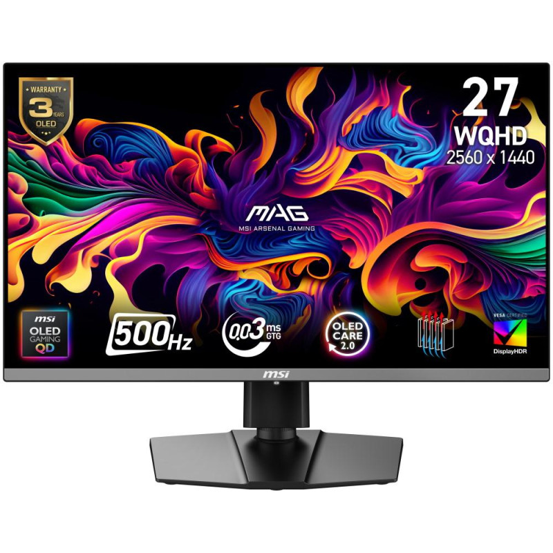 MSI Gaming MAG 272QP QD-OLED X50/ 26,5"/ 2560x1440/ OLED/ 0,03ms/ 500Hz/ 300cd/m2/ 1500000:1/ HDMI/ DP/ VESA/ černý