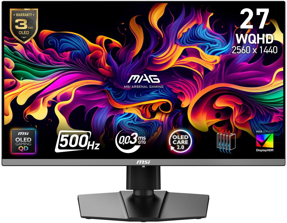 MSI Gaming MAG 272QP QD-OLED X50/ 26,5"/ 2560x1440/ OLED/ 0,03ms/ 500Hz/ 300cd/m2/ 1500000:1/ HDMI/ DP/ VESA/ čierny