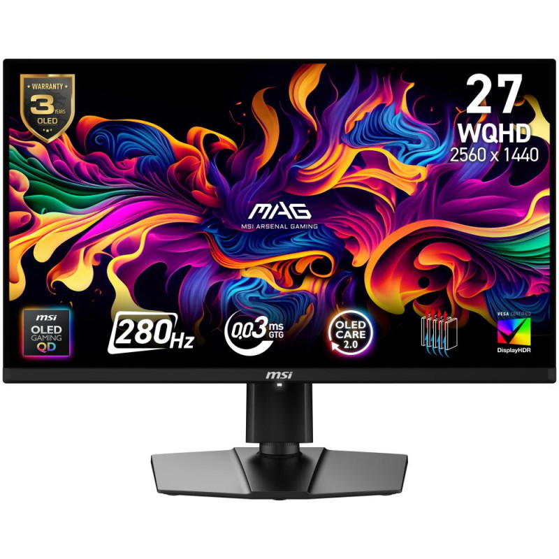 MSI Gaming MAG 271QP QD-OLED X28/ 26,5"/ 2560x1440/ OLED/ 0,03ms/ 280Hz/ 250cd/m2/ 1500000:1/ HDMI/ DP/ VESA/ černý