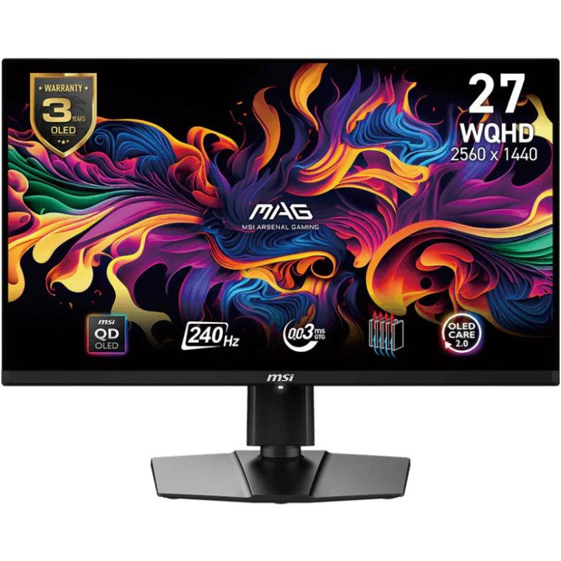 MSI Gaming MAG 271QPX QD-OLED E2/ 26,5"/ 2560x1440/ OLED/ 0,03ms/ 240Hz/ 250cd/m2/ 1500000:1/ HDMI/ DP/ VESA/ černý
