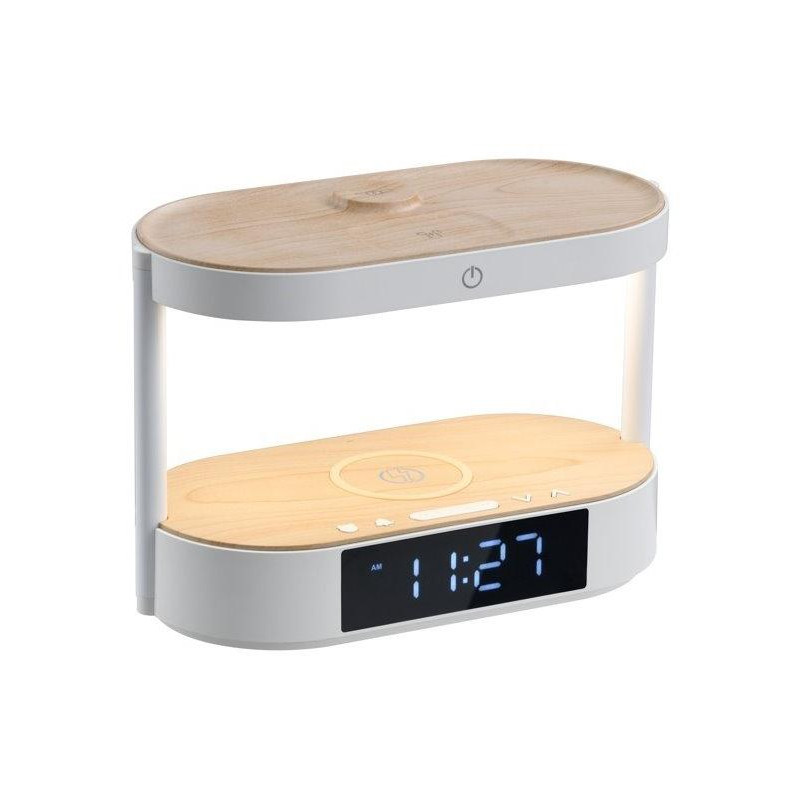 IMMAX LED budík TRIPLE DOCK/ 3v1 bezdrátové nabíjení/ 20W/ 9V/2,22A/ AC 220-230V/ 30lm/ USB-C/ bílý (světlé dřevo)