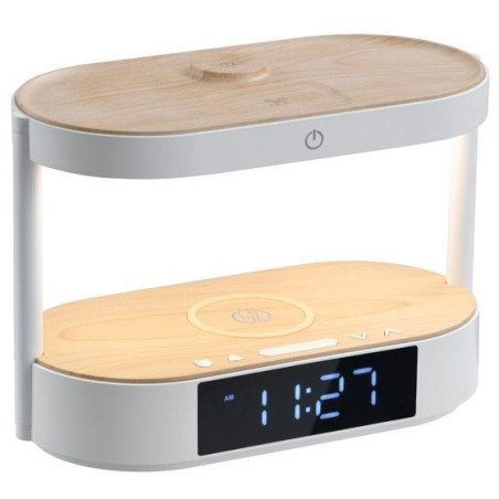 IMMAX LED budík TRIPLE DOCK/ 3v1 bezdrátové nabíjení/ 20W/ 9V/2,22A/ AC 220-230V/ 30lm/ USB-C/ bílý (světlé dřevo)