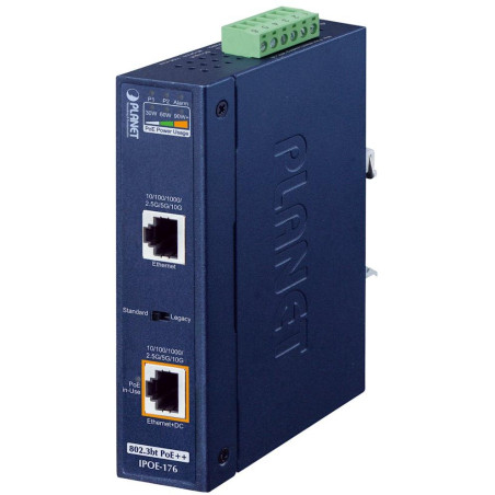 Planet IPOE-176, Ultra PoE++ průmyslový injector 802.3bt do 95W, vstup 48-54V, 10 Gb, DIN, IP30, -40~75st.