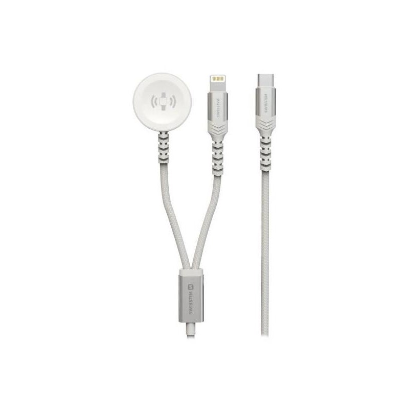 Swissten opletený magnetický kabel 2v1 pro apple watch a lightning, usb-c 1.2 m bílý