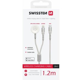 Swissten opletený magnetický kabel 2v1 pro apple watch a lightning, usb-c 1.2 m bílý