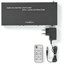 NEDIS HDMI přepínač/ 4x HDMI vstup/ 2x 3.5 mm/ 2x HDMI výstp/ 2x TosLink/ 4K@60Hz/ 18 Gbps/ dálkově ovládaní/ kov/ antra