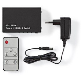 NEDIS HDMI přepínač/ 1x USB-C/ 2x HDMI vstup/ 1x HDMI výstup/ 4K@60Hz/ 18.0 Gbps/ kov/ antracit
