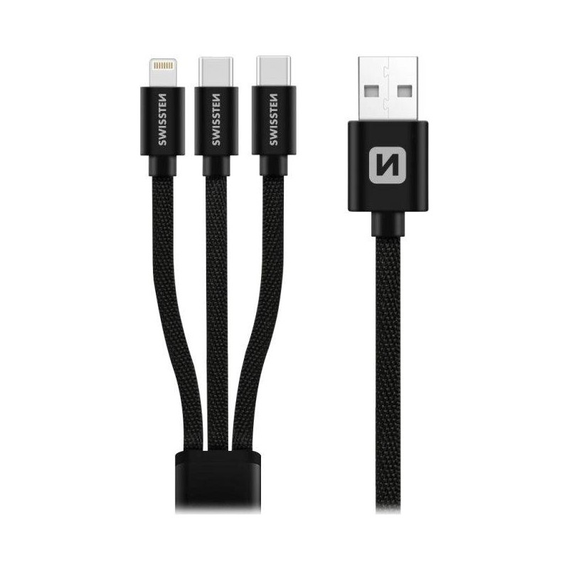 Swissten datový kabel textile 3in1 1,2 m černý (lightning, 2x usb-c)