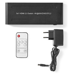 NEDIS HDMI přepínač/ 5x HDMI vstup/ 1x HDMI výstup/ K@60Hz/ 18 Gbps/ dálkově ovládané/ kov/ antracit