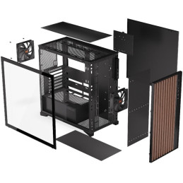 Krux skříň Palum / ATX / 2x120 mm fan / 2xUSB 2.0 / USB-C / dřevěné elementy / temperované sklo / černá