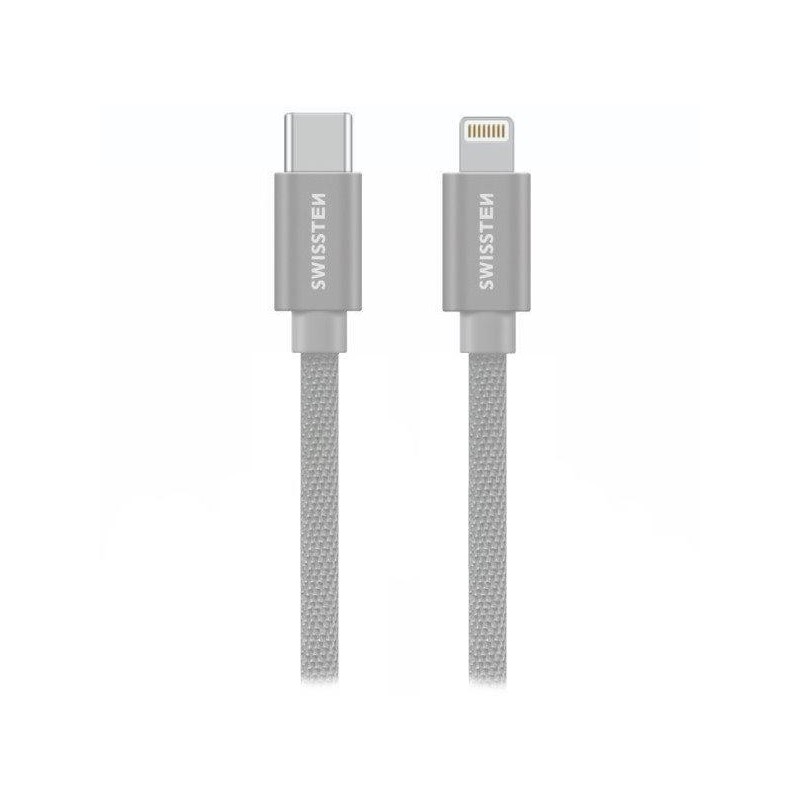 Swissten datový kabeltextile usb-c / lightning 2,0 m stříbrný