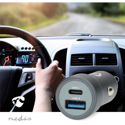 NEDIS nabíječka do auta/ 48 W/ dva výstupy/ 12 - 24 V DC/ 3.0 A/ USB-A/ USB-C/ automatická volba napětí/ šedá