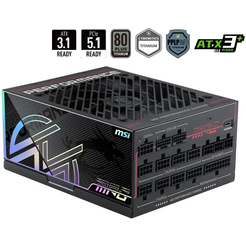 MSI zdroj MPG Ai1300TS PCIE5/ 1300W/ ATX3.1/ akt. PFC/ 12 let záruka/ 120mm ventilátor/ modulární/ 80PLUS Titanium