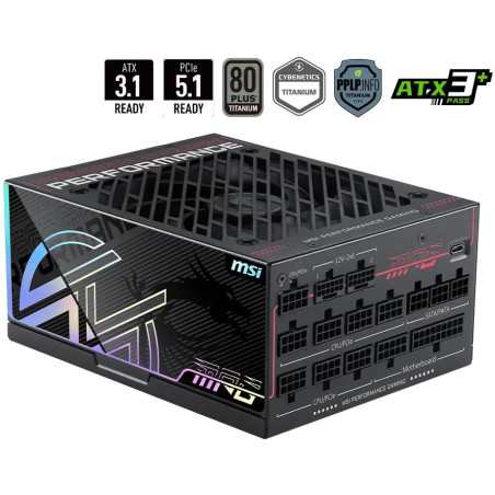 MSI zdroj MPG Ai1300TS PCIE5/ 1300W/ ATX3.1/ akt. PFC/ 12 let záruka/ 120mm ventilátor/ modulární/ 80PLUS Titanium