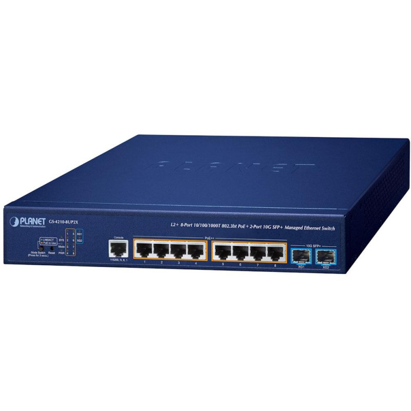 Planet GS-4210-8UP2X L2 switch, 8x1GbE PoE 802.3bt, 2x 10Gb SFP, Budget 240W, QoS