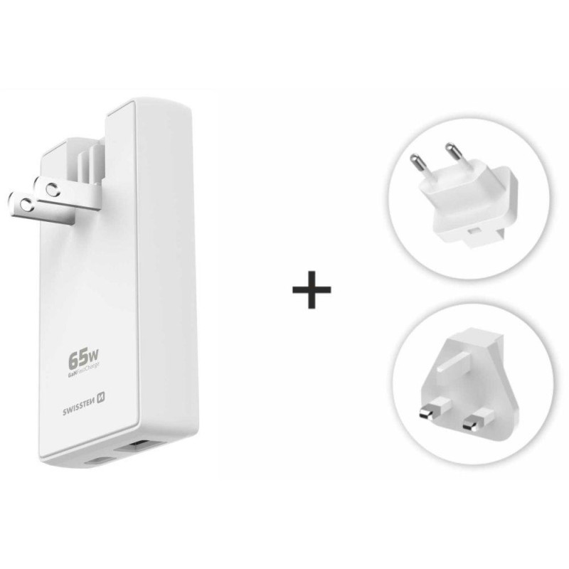 POŠKOZENÝ OBAL - Swissten cestovní adaptér GaN USB-C + USB-A 65w výměnné vidlice (US, EU, UK) bílý