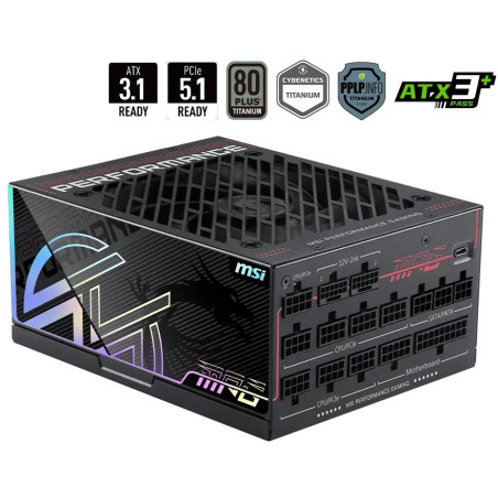 MSI zdroj MPG AI1600TS PCIE5/ 1600W/ ATX3.1/ akt. PFC/ 12 let celk. záruka/ 135mm fan/ modulární kabeláž/ 80PLUS Titaniu