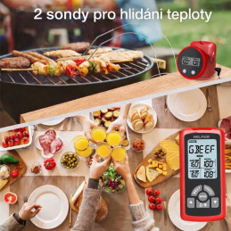 HELMER bezdrátový kuchyňský teploměr se dvěma sondami TM 26/ LCD displej/ - 50 až 300 °C/ červený