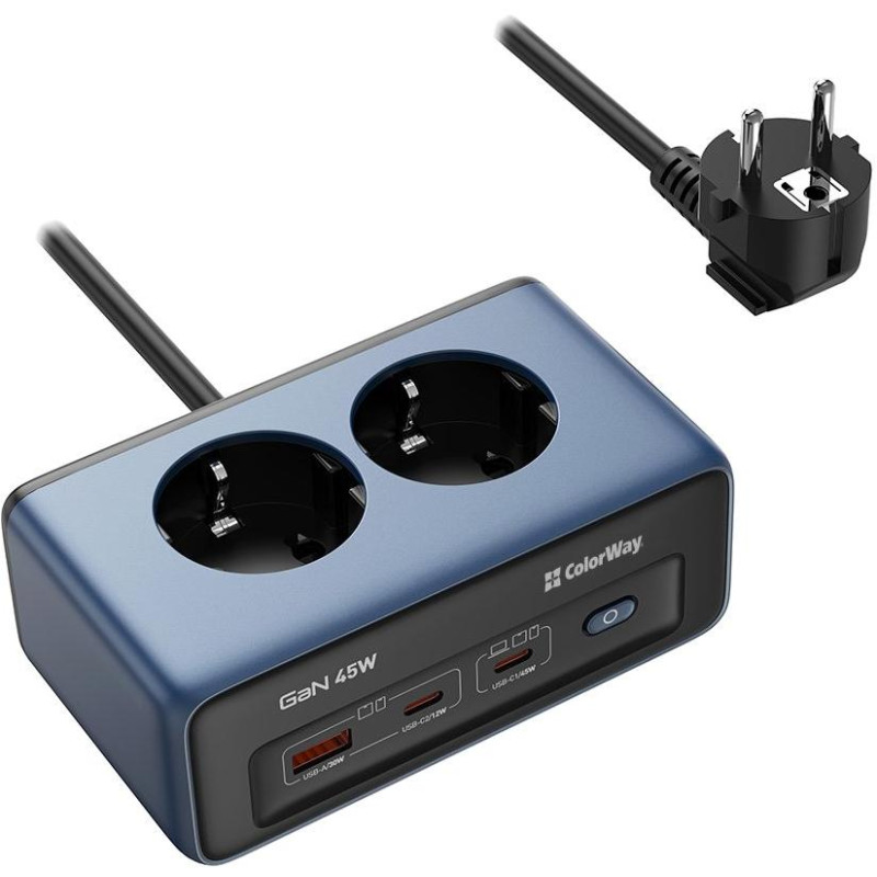 COLORWAY Prodlužovací napájecí přívod s přepěťovou ochranou/ 2x Schuko/ 2x USB-C 45W/ 1x USB-A/ kabel 2m