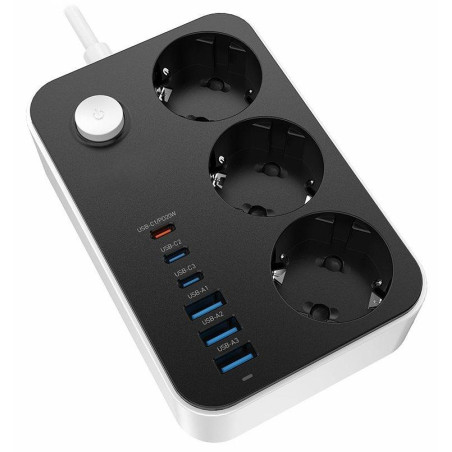 COLORWAY Prodlužovací napájecí přívod/ 3x Schuko/ 3x USB-C 20W/ 3x USB-A/ kabel 2m