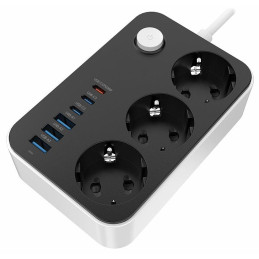 COLORWAY Prodlužovací napájecí přívod/ 3x Schuko/ 3x USB-C 20W/ 3x USB-A/ kabel 2m