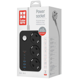 COLORWAY Prodlužovací napájecí přívod/ 3x Schuko/ 3x USB-C 20W/ 3x USB-A/ kabel 2m