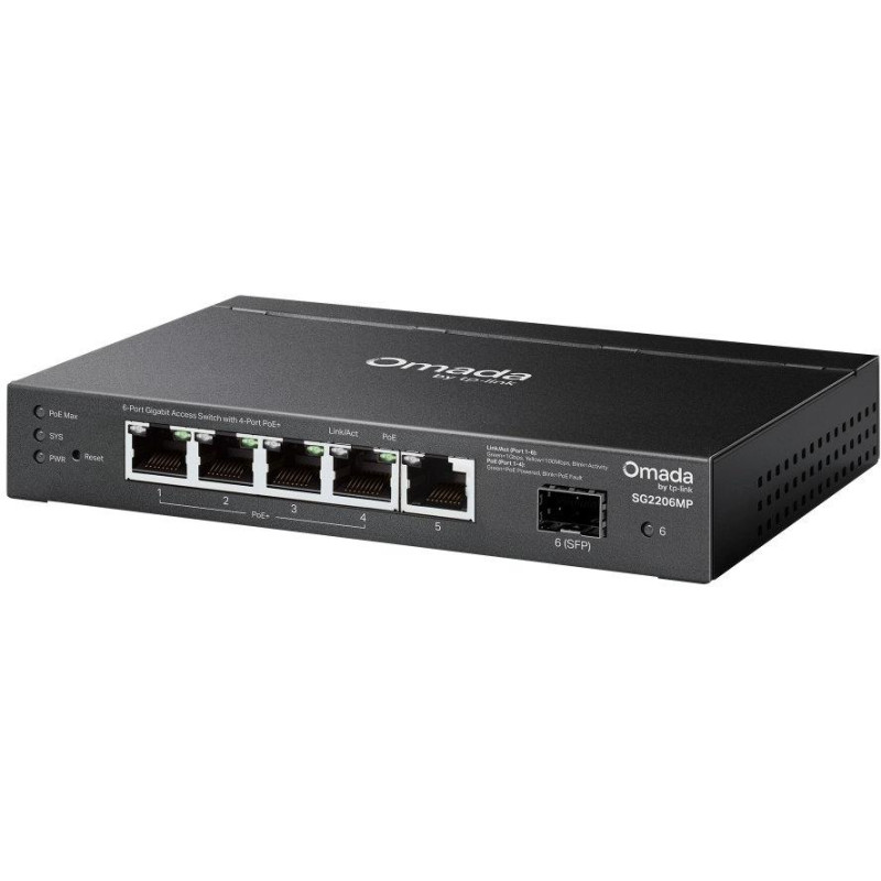TP-Link SG2206MP 6-Port Gigabit Switch, 4x Gigabit PoE, 1x LAN, 1x SFP, 63W budget