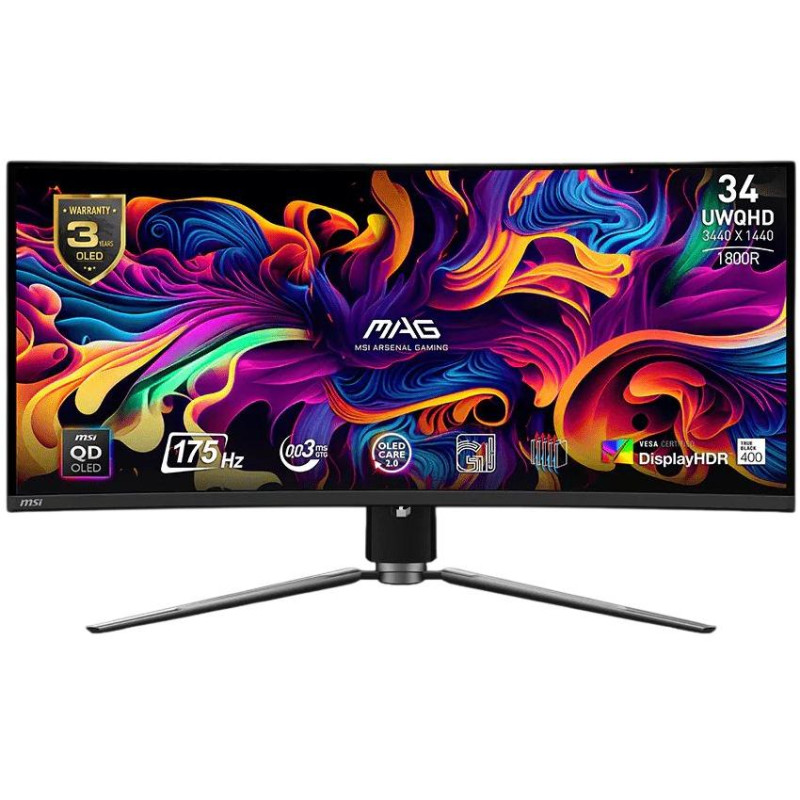 MSI MAG 341CQP QD-OLED/ 34"/ 3440x1440 / OLED/ 0,03ms/ 175Hz/ 250cd/m2/ 1,5M:1/ HDMI/ DP/ USB/ USB-C/ VESA/ černý
