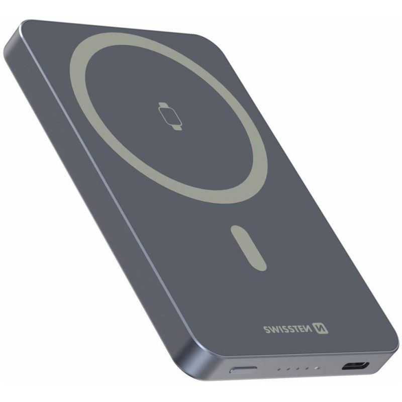 Swissten Power Bank Fusion 5000 mAh S Nabíjením Apple Watch (Kompatibilní S Magsafe) Stříbrná