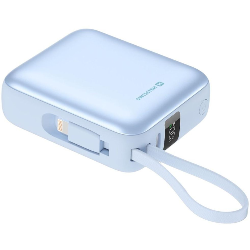 Swissten Power Bank Space 10000 mAh S Integrovanými Kabely USB-C A Lightning Modrá