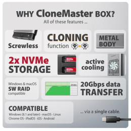 AXAGON box pro 2x M.2 NVMe SSD s funkcí klonování / EEM2-20GD / USB-C / USB 3.2 Gen2 / kabel 30cm USB-C na USB-C