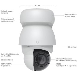 Ubiquiti UniFi AI PTZ Industrial W - kamera, 8Mpx rozlišení, IR LED, AI detekce, IP66, IK04, 22x zoom, PTZ, PoE++, bílá