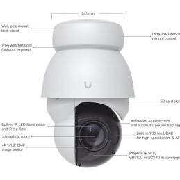 Ubiquiti UniFi AI PTZ Precision W - kamera, 8Mpx rozlišení, IR LED, AI detekce, IP66, 31x zoom, PTZ, LiDAR, PoE++, bílá