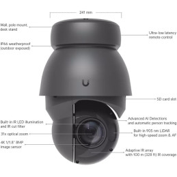 Ubiquiti UniFi AI PTZ Precision B - kamera, 8Mpx rozlišení, IR LED, AI detekce, IP66, 31x zoom, PTZ, LiDAR, PoE++, černá