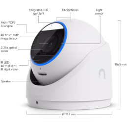 Ubiquiti UniFi G6 Pro Turret W - kamera, 8Mpx rozlišení, IR LED, AI detekce, IP66, IK04, 2.36x zoom, PoE+, bílá