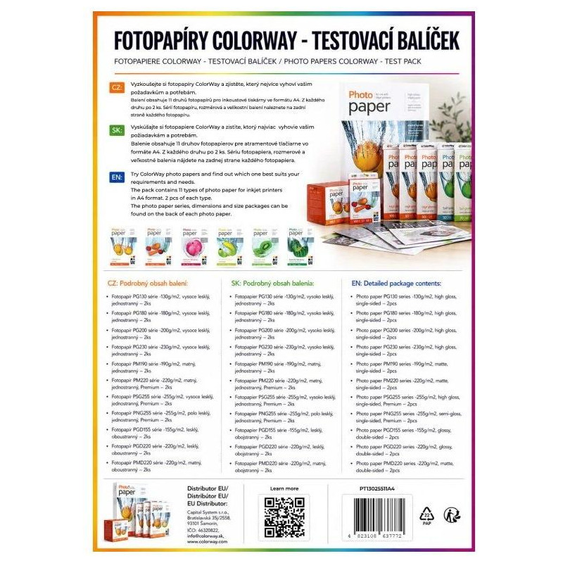 COLORWAY fotopapír/ testovací balíček/ 130-255 g/m2,/ A4/ 22ks mix