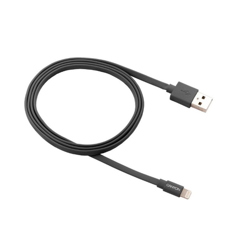 CANYON nabíjecí kabel Lightning MFI-2, plochý, Apple certifikát, délka 1m, tmavě šedá