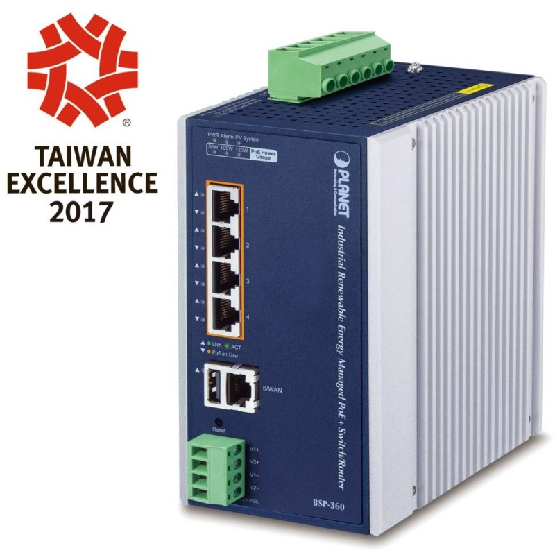Planet BSP-360 v3 průmyslový solární switch/router, 5x1Gb, 4x PoE+ 802.3at 120W, baterie, 24-45VDC, -10~60°C, IP30