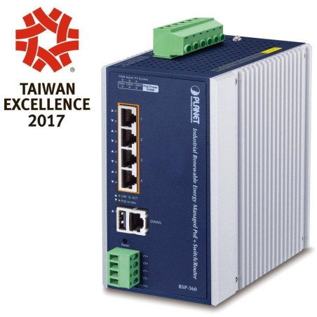 Planet BSP-360 v3 průmyslový solární switch/router, 5x1Gb, 4x PoE+ 802.3at 120W, baterie, 24-45VDC, -10~60°C, IP30