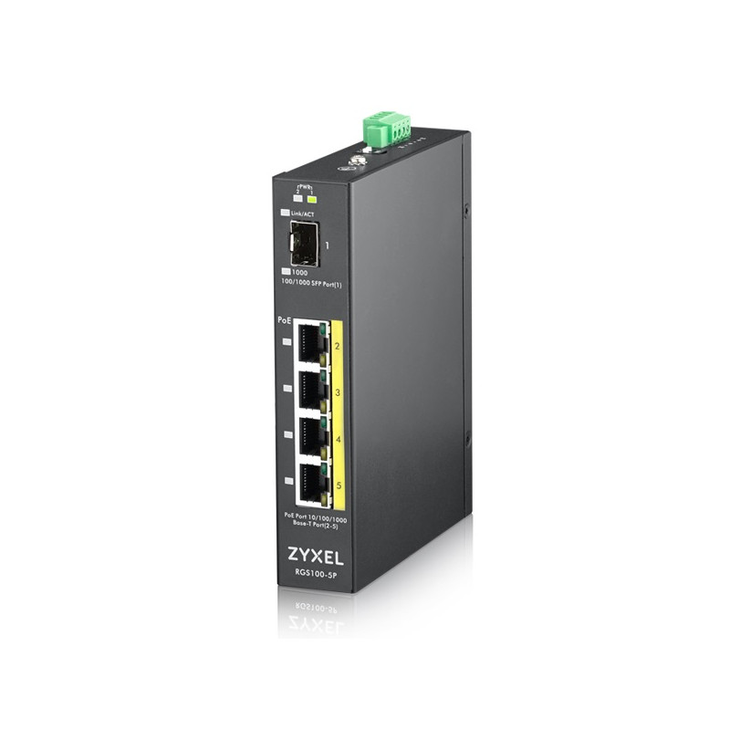 ZyXEL RGS100-5P, 5-port Gigabit switch: 4x GbE + 1x SFP, PoE (802.3at, 30W), Power budget 120W, DIN rail/Wall mount, IP3